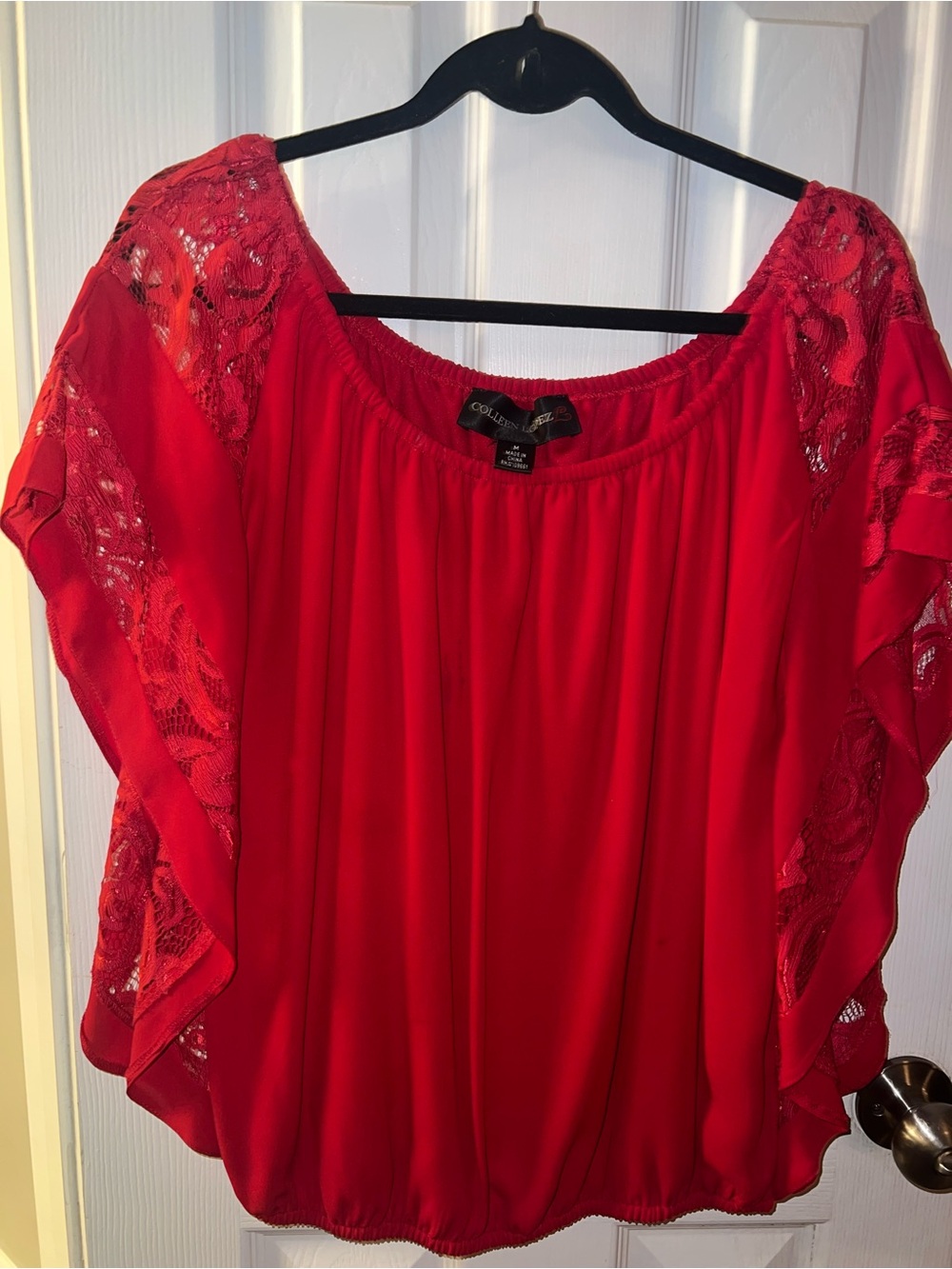 Colleen Lopez Vibrant Red Lace-Sleeve Peasant Blouse